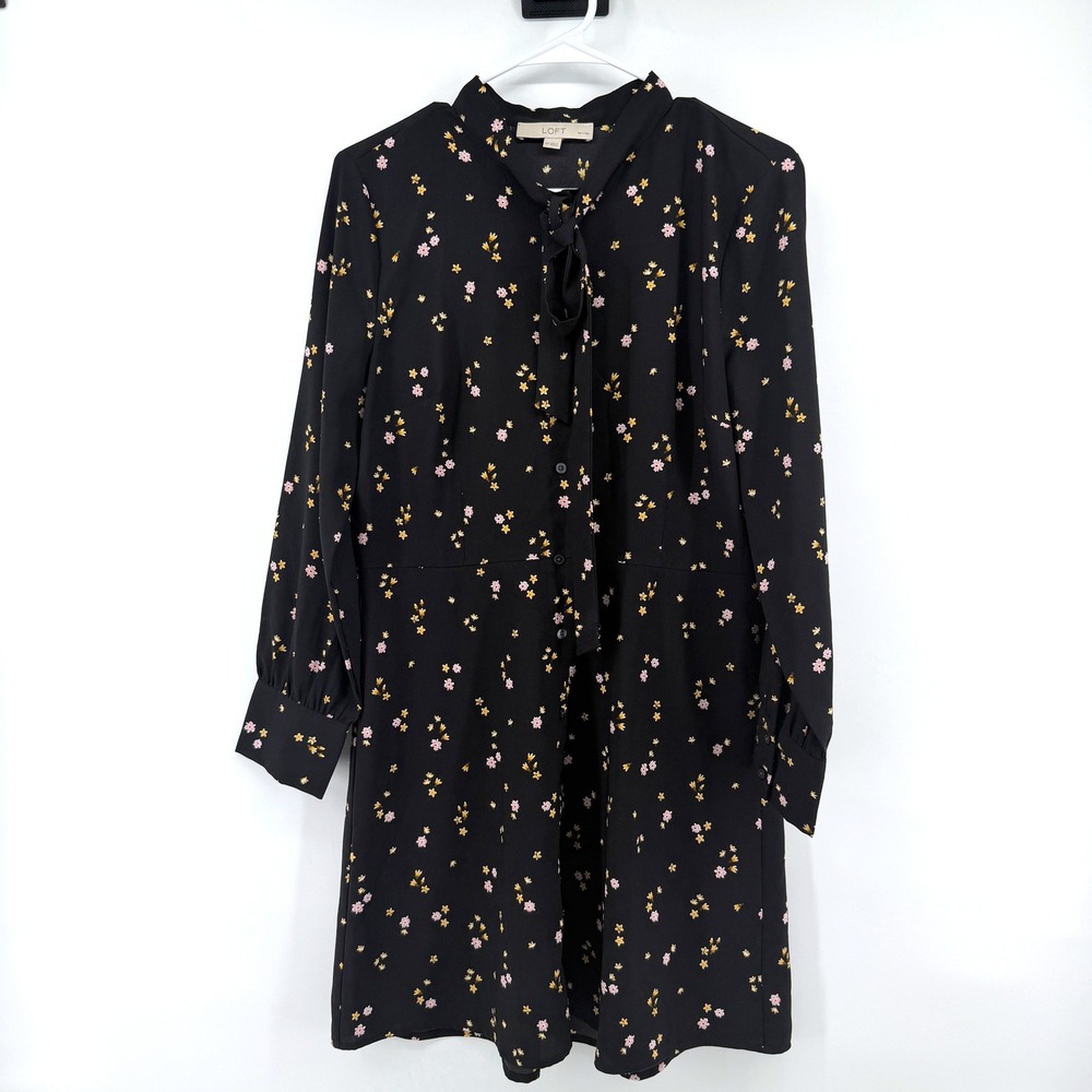 Loft Dress Floral Tie Neck 10P Black Womens Petite Long Sleeve Shirt Dress